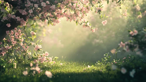 Spring meadow glows under soft sun through blooming branches