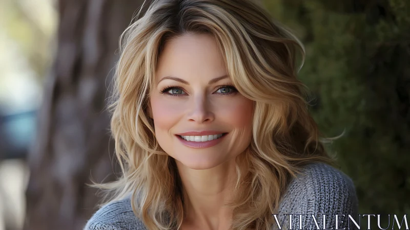 Smiling blonde woman outdoors in natural light, soft portrait style.