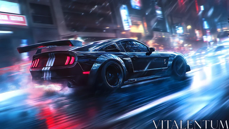 Night city street racer carving light through the rain.