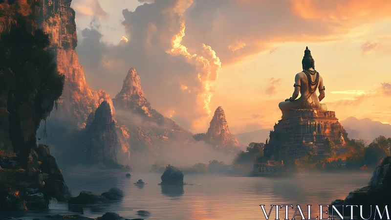 Serene river valley with monumental seated deity statue.