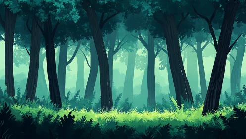 Misty Forest Clearing with Towering Ancient Trees