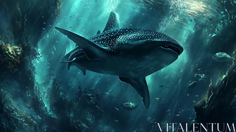 Whale shark glides through teal-lit abyssal seascape.