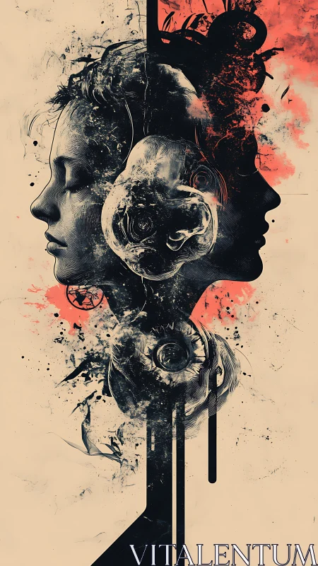 Dual human profiles in abstract ink and coral bursts.