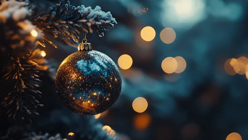 Macro view of reflective Christmas bauble with warm bokeh lighting
