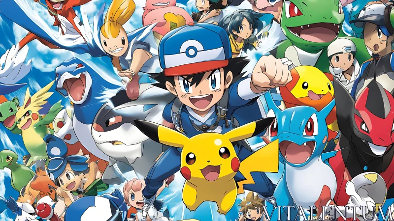 Dynamic anime ensemble of trainers and creatures in flight