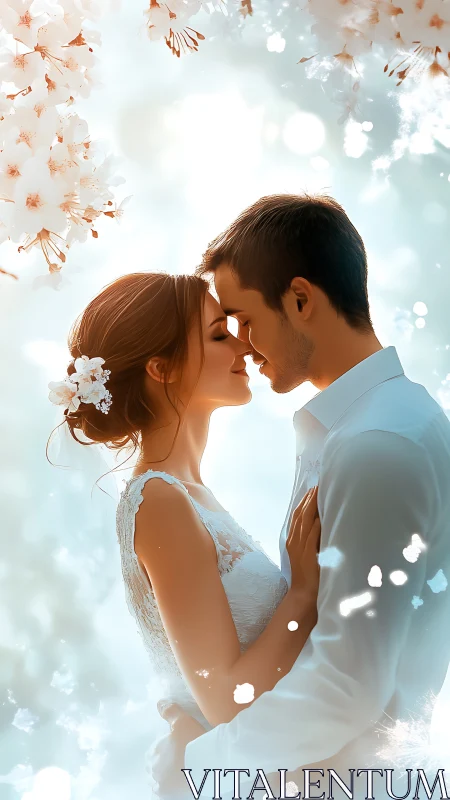 Wedding couple at twilight with falling petals and bokeh backdrop