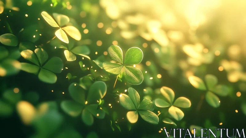 Sunlit four leaf clover glows gently among lucky greens