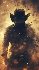 Lone cowboy silhouette dissolving in smoky golden dust.