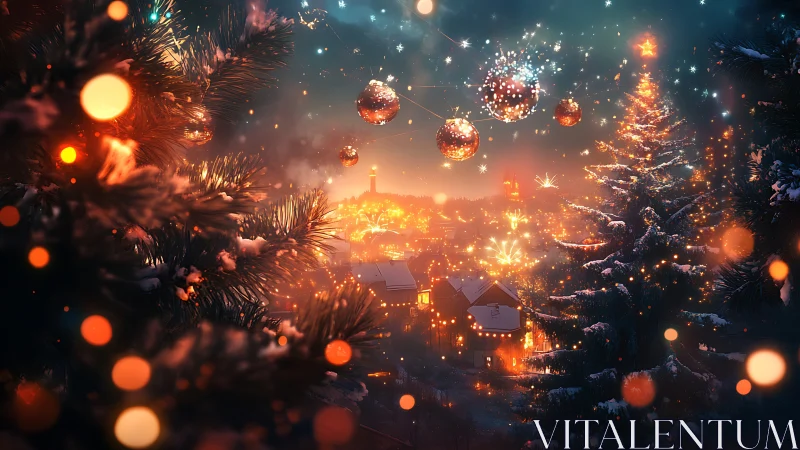 Snow covered town glows beneath floating festive light orbs