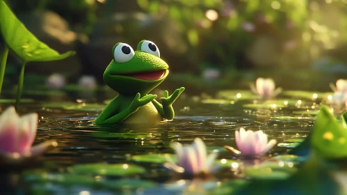 Cheerful cartoon frog in bright lily pond at sunset.