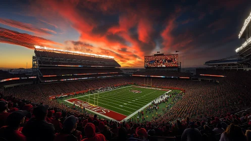 Sunset football stadium crowds glow under fiery sky.