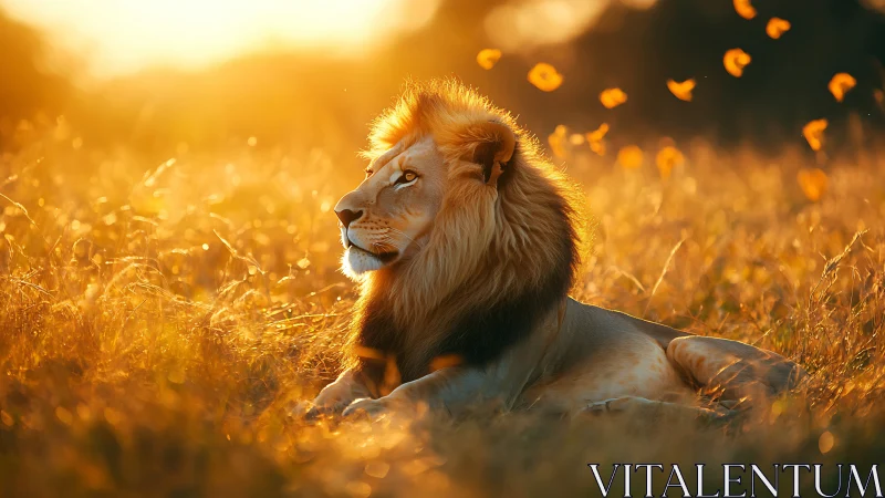 Golden hour lion king lounging in a sunlit savanna dream.