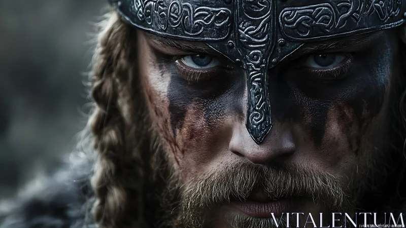 Battle-marked viking glare beneath rune-silver war helm.