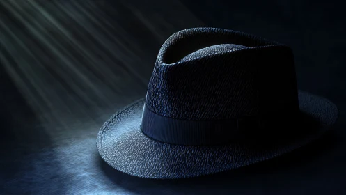 Low key fedora still life in dramatic studio side lighting.