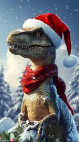 Festive velociraptor in snowy forest wearing Santa attire.
