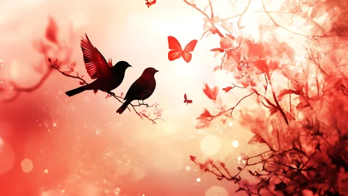 Two Birds and Butterflies in Red Floral Garden Scene.