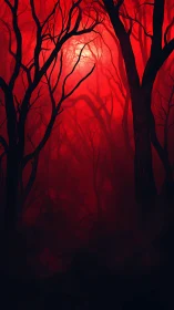 Blood-red forest glows through tangled silhouettes and mist