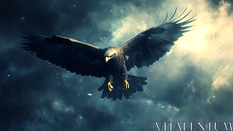 Majestic eagle soaring through dramatic stormy sky, digital art.