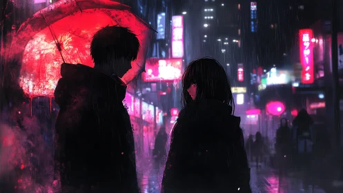 Neon rain carves a quiet distance between two strangers