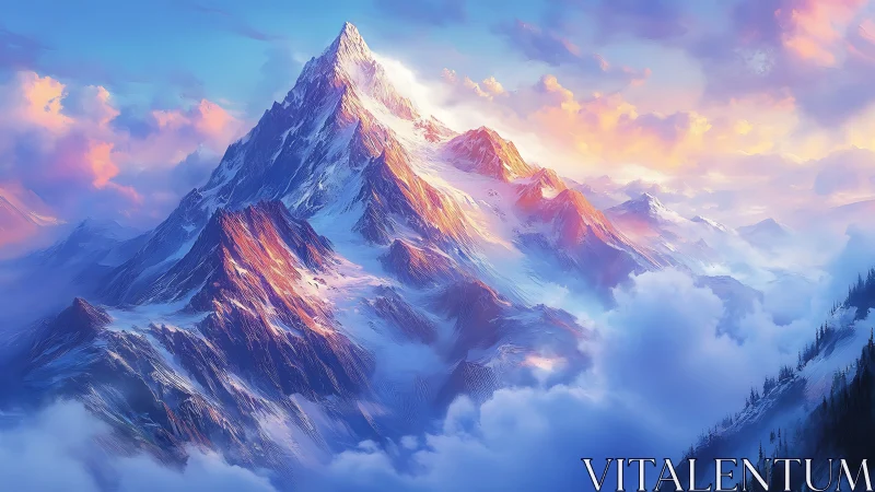 Sunlit mountain peaks glowing softly above dreamy clouds.