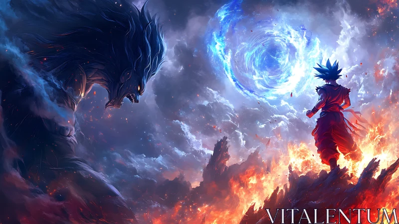 Fiery warrior confronts colossal spectral beast below swirling portal