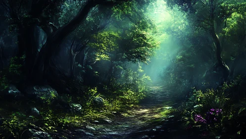 Enchanted Forest Path Glowing with Magical Emerald Light