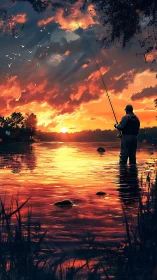 Sunset angler in glowing river shallows, vividly rendered.