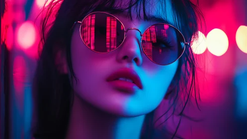 Woman wearing round sunglasses under neon city lights
