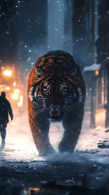 Colossal tiger advancing through neon-lit winter streetscape.