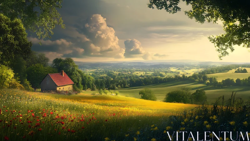 Rural hillside dwelling with fields under layered cloud sky.