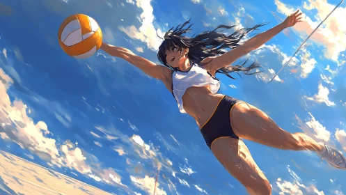 Dynamic beach volleyball spike under bright summer sky.