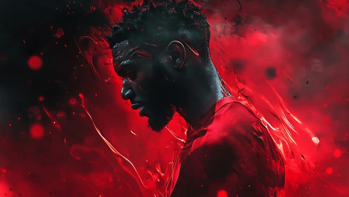 Male side profile in intense red digital abstraction.