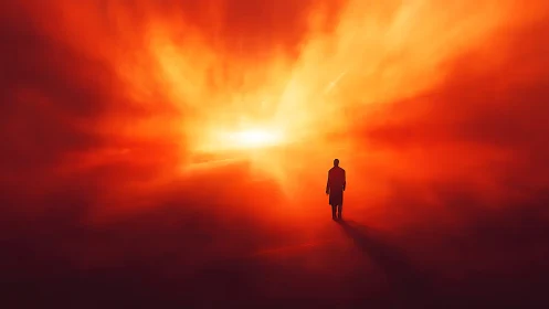 Solitary silhouette walking into a blazing horizon portal.