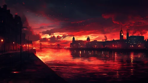 Scarlet industrial riverside skyline rendered in digital dusk