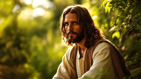 Bearded robed man illuminated by golden forest backlighting