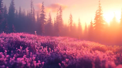 Golden Hour Blooms Over Misty Pine Forest