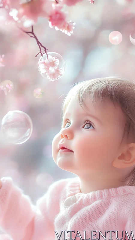 Child gazing upward among floating bubbles and blossoms.