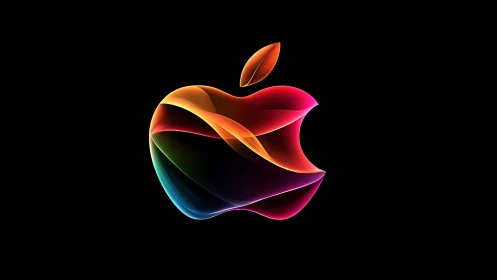 Vibrant abstract apple emblem glows against deep black