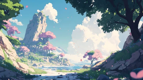 Sunlit coastal valley frames towering cliff and pink trees