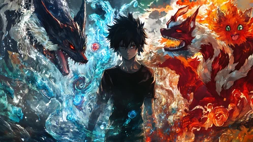 Dark haired boy between fiery and aquatic spirit beasts.