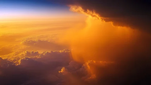 Fiery sunset light pours through towering storm clouds.