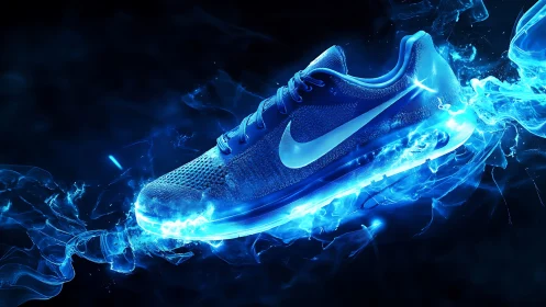 Electric blue running shoe in dynamic neon smoke burst.