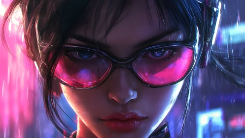 Cyberpunk woman in neon glasses with urban night backdrop.