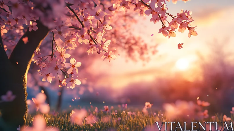 Backlit cherry blossoms in shallow-depth sunset landscape scene