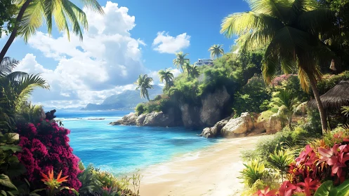 Tropical Paradise Cove With Vibrant Flowers and Pristine Waters