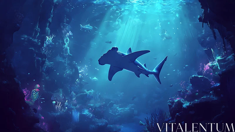 Digital painting of hammerhead shark in luminous reef cavern.