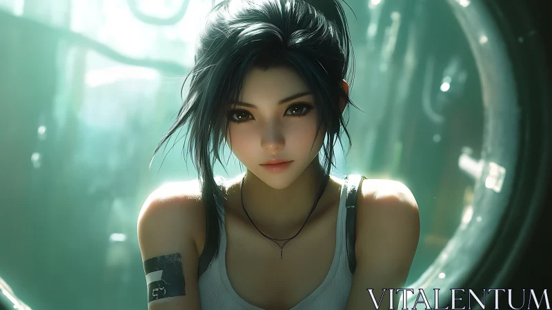 Female character sits before circular window in soft focus