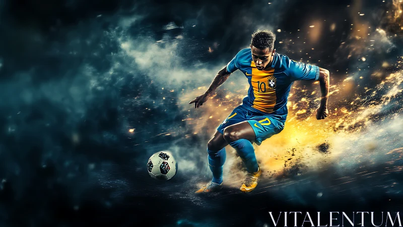Dynamic football sprint rendered with high-contrast particle effects