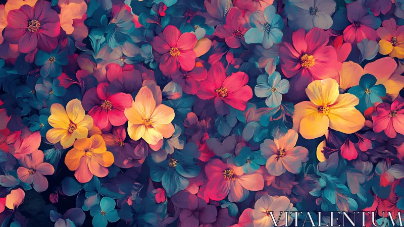Vibrant Floral Composition: Overlapping Blooms in Warm and Cool Chromatic Range