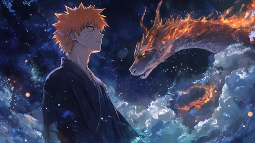 Stellar-robed anime sentinel confronting a nebular fire-dragon.